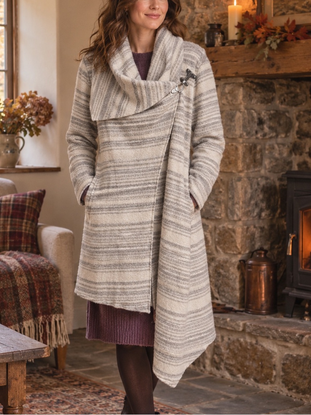 Garnet Hill Asymmetrical Boiled-Wool Wrap Coat Size 12 Large 100% Wool Neutral